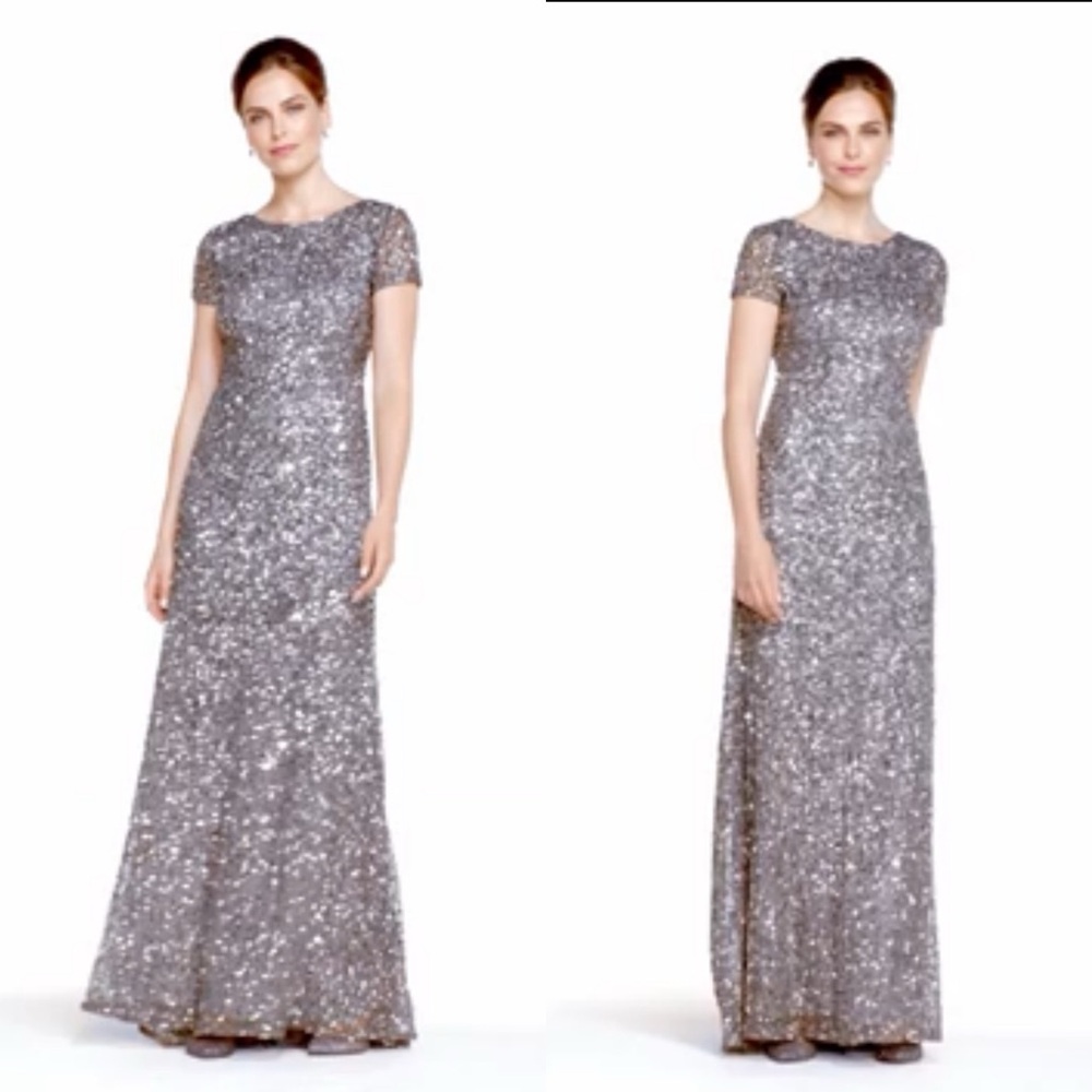 Adrianna Papell Maxi Long Sequin Gown Formal Cap Sleeves Rose Blush Champagne 4 - Picture 12 of 12